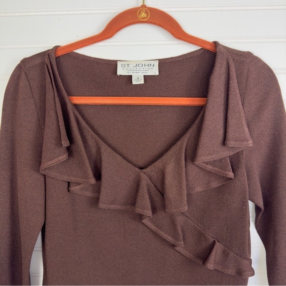 St. John Collection By Marie Gray, Size 4 Vintage Brown Knit Ruffle Top Sweater - Picture 2 of 9